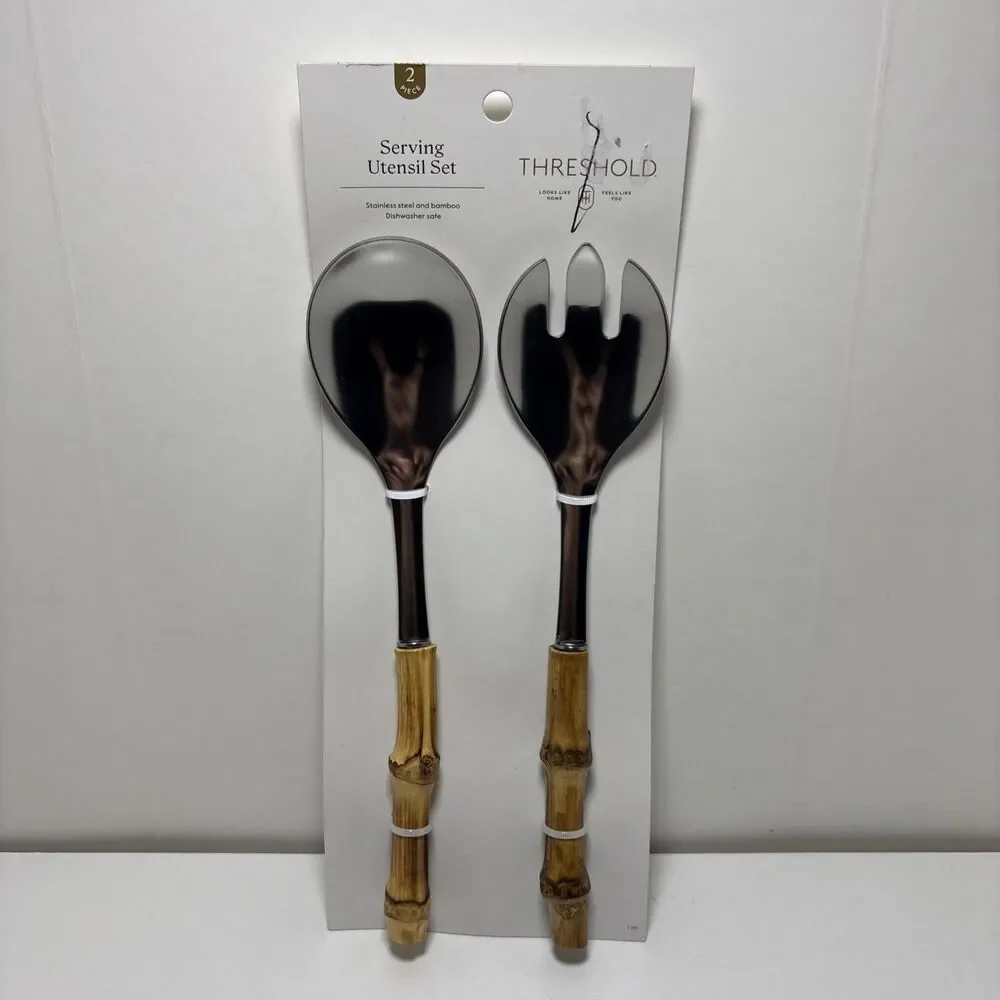 Serving Spoon And Fork Set Stainless Steel Serving Utensils With Natural Bamboo